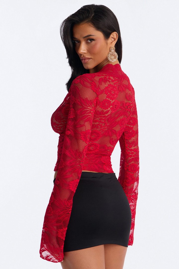 Romance Hour Sheer Lace Long Sleeve Top - Red
