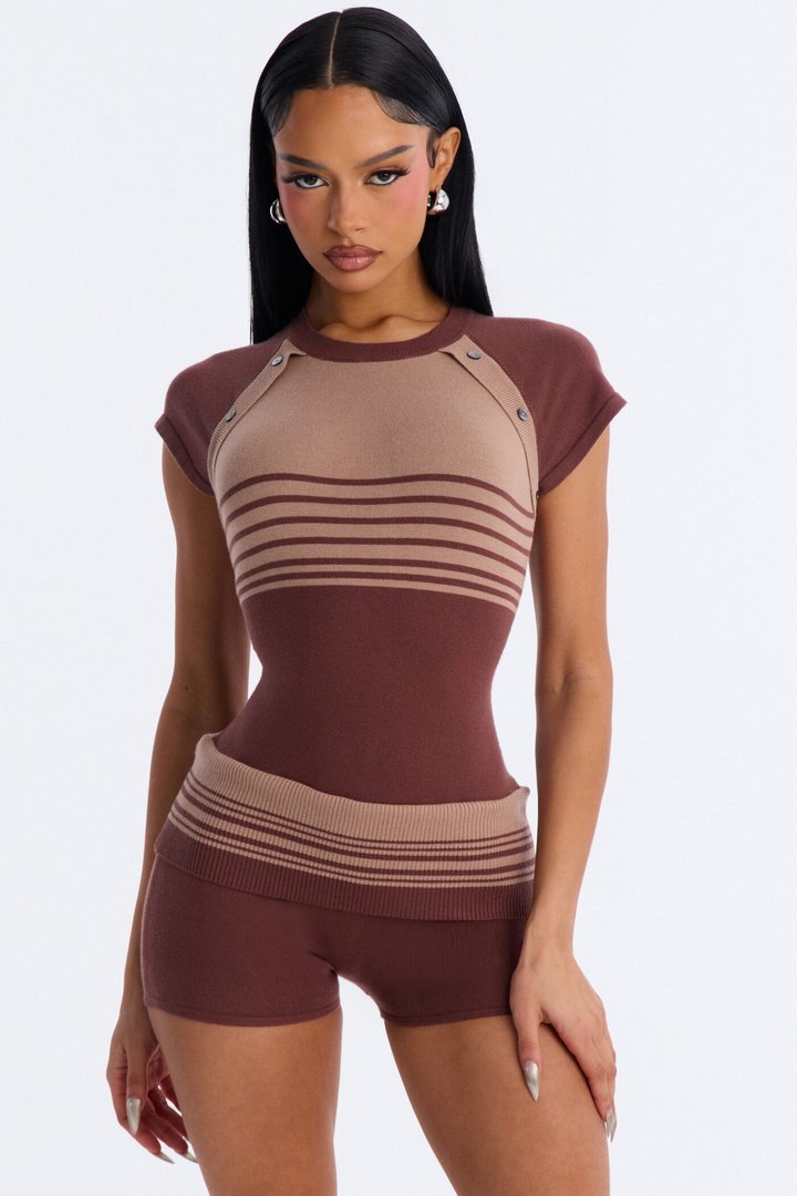 Elle Short Sleeve Striped Romper - Chocolate