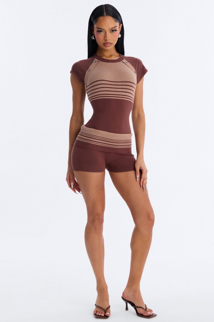 Elle Short Sleeve Striped Romper - Chocolate