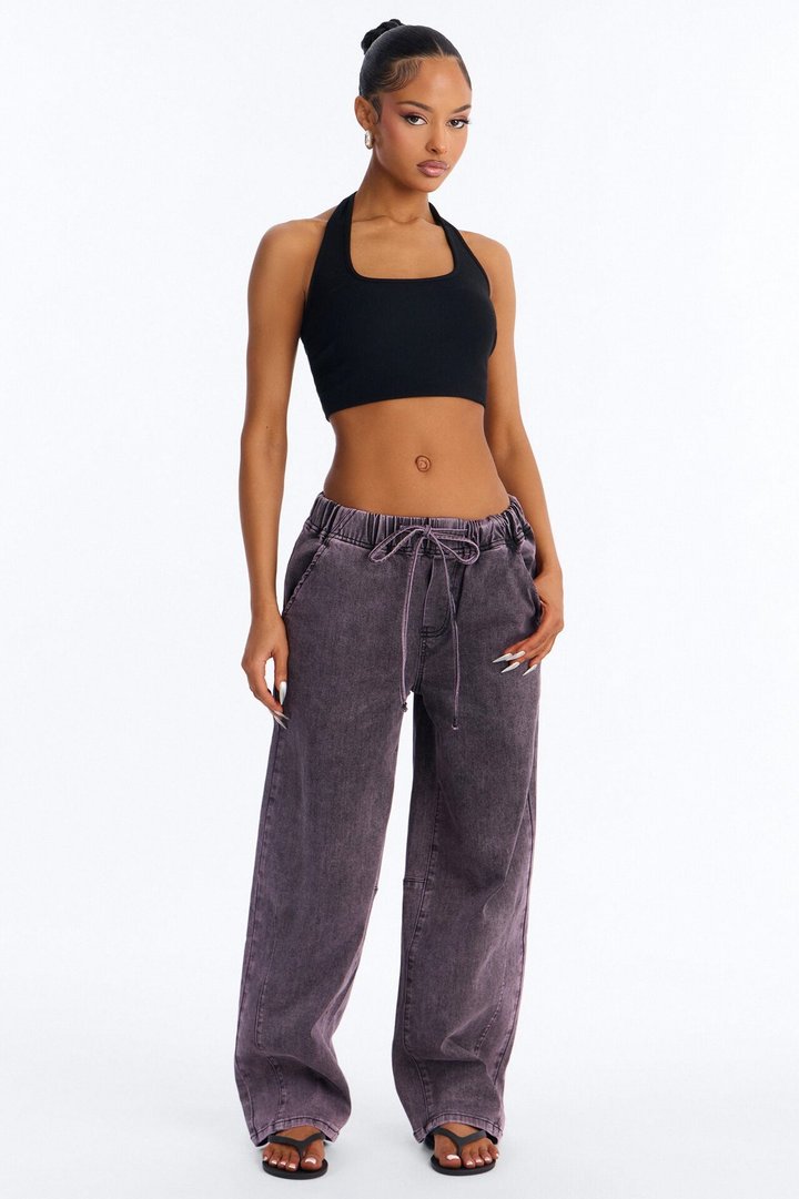 Vacay Mood Relaxed Tie Waist Jeans - Eggplant