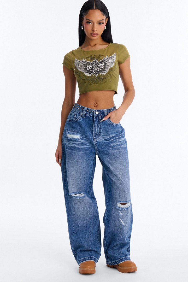 Ain’t No Saint Studded Embroidered Baggy Jeans - Dark Wash