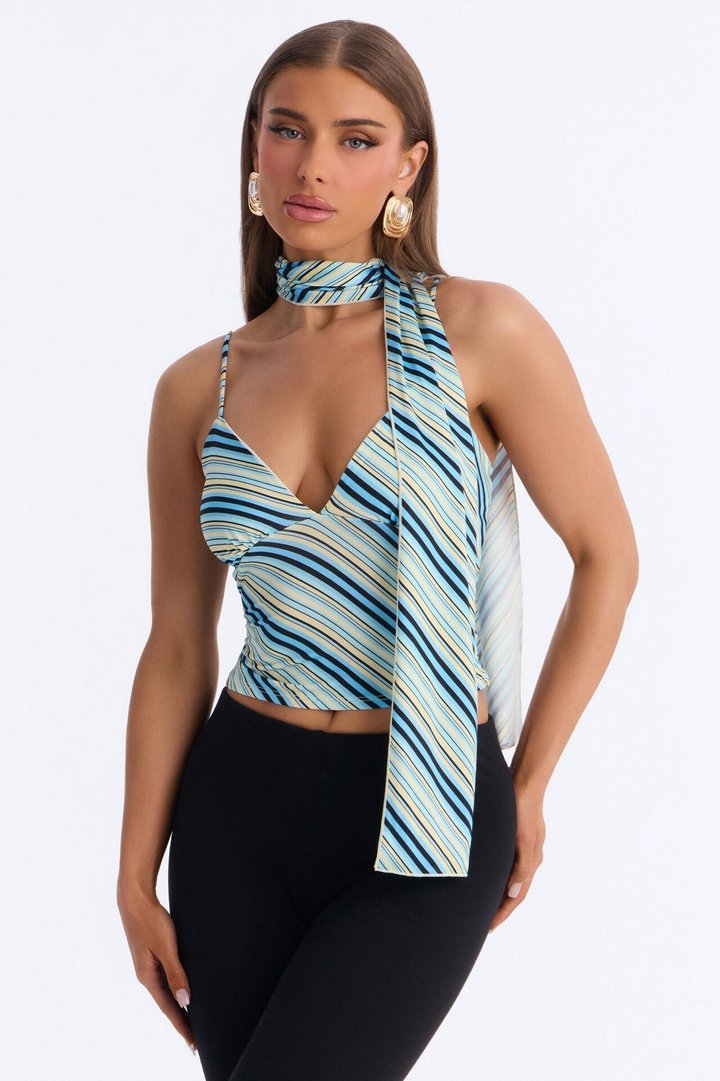 Elaina Striped V-Neck 2 Piece Top - Blue/combo