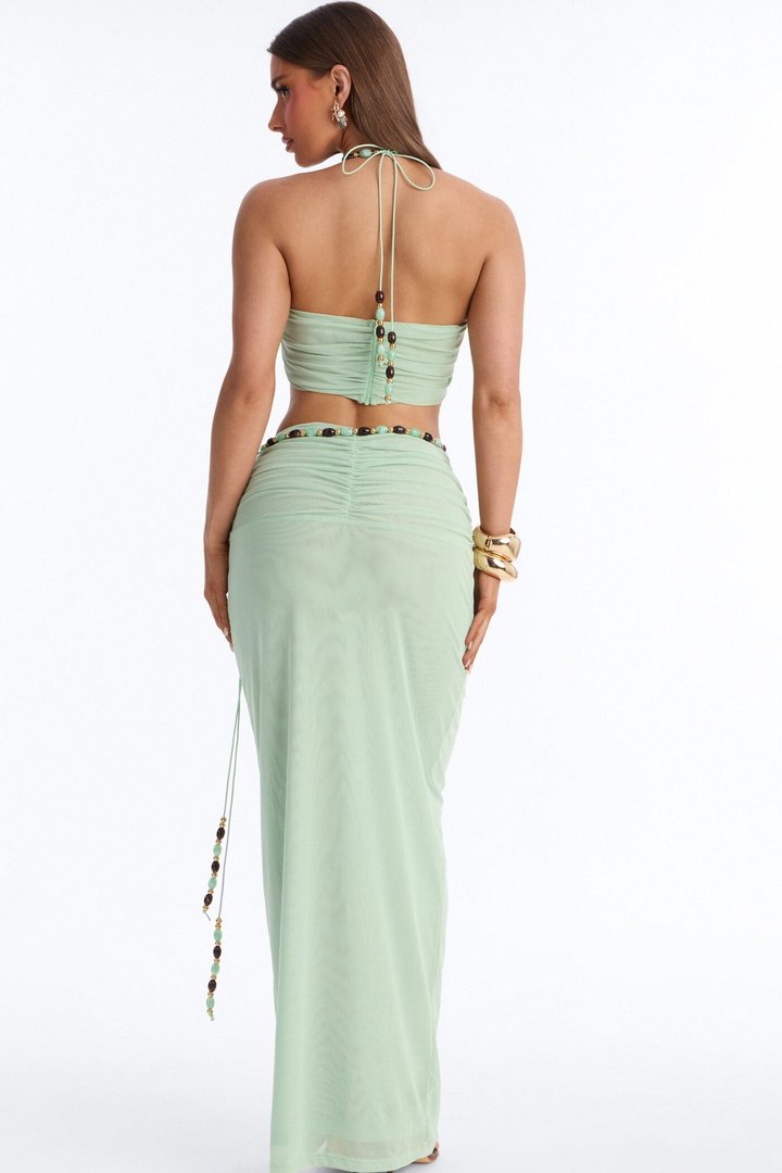 Bora Breeze Beaded Mesh Skirt Set - Sage