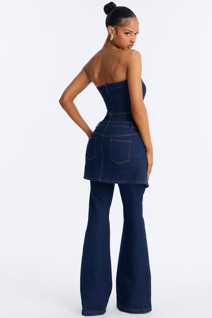 Ella Denim Skirt Flare Jumpsuit - Dark Wash