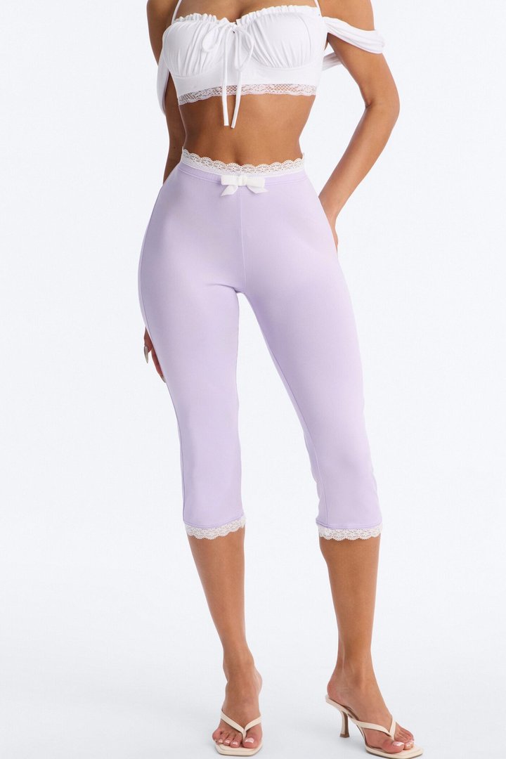 Valentina Solid Lace Trim Capri Legging - Lilac