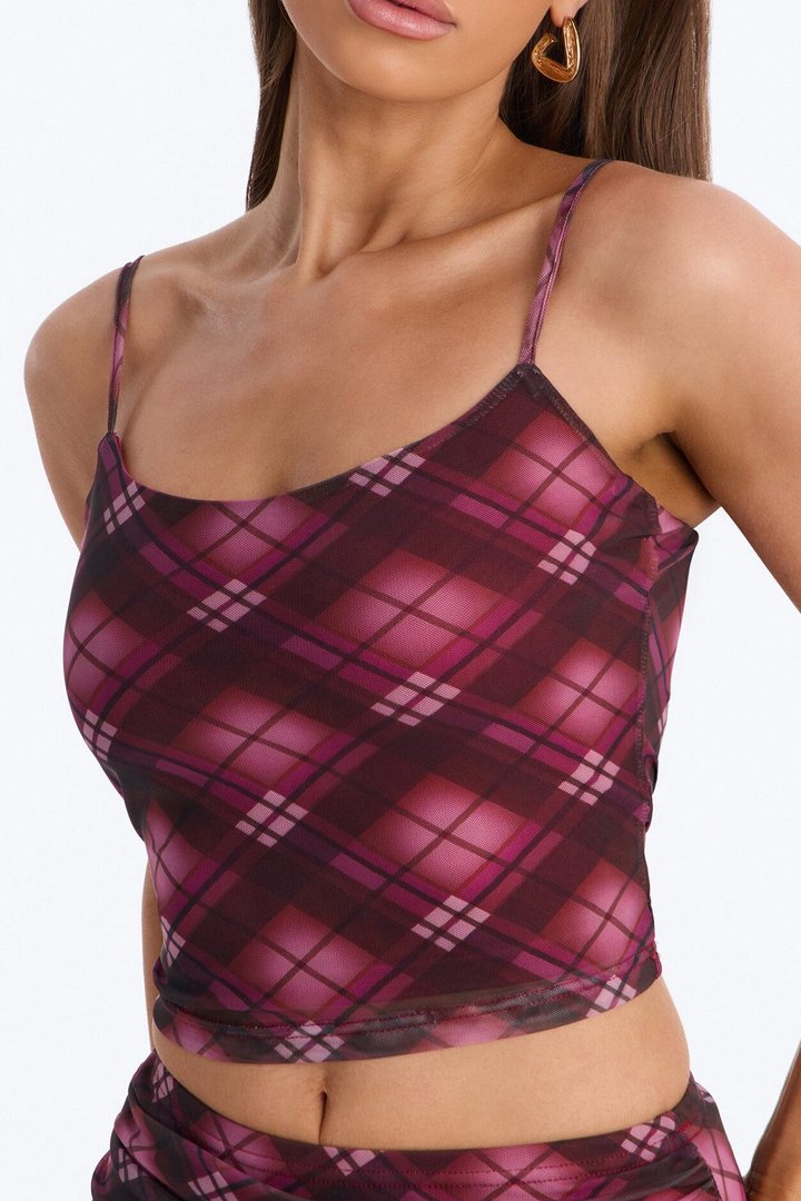Mayla Mesh Plaid Skirt Set - Burgundy/combo