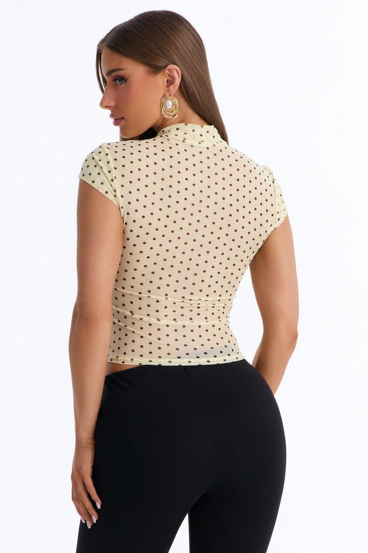 Kiki Polka Dot Mock Neck Mesh Top - Yellow/combo