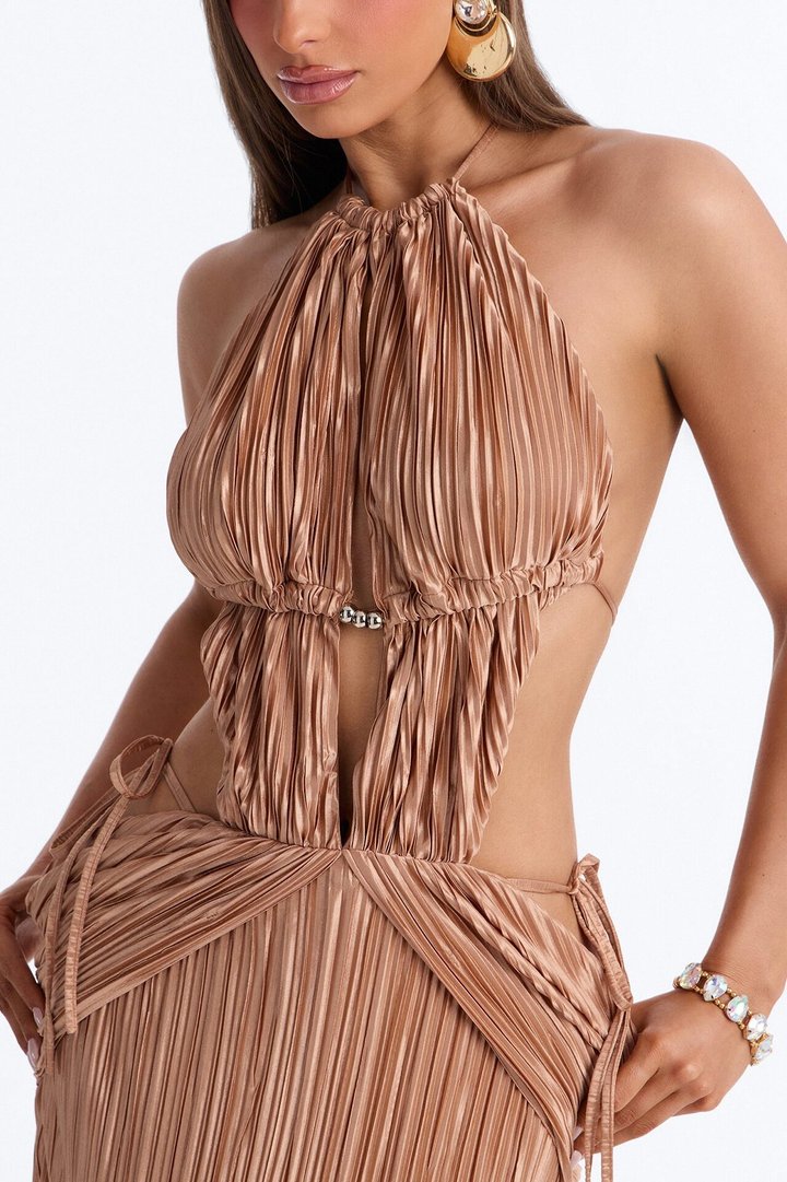 Nissa Plisse Halter Maxi Dress - Gold