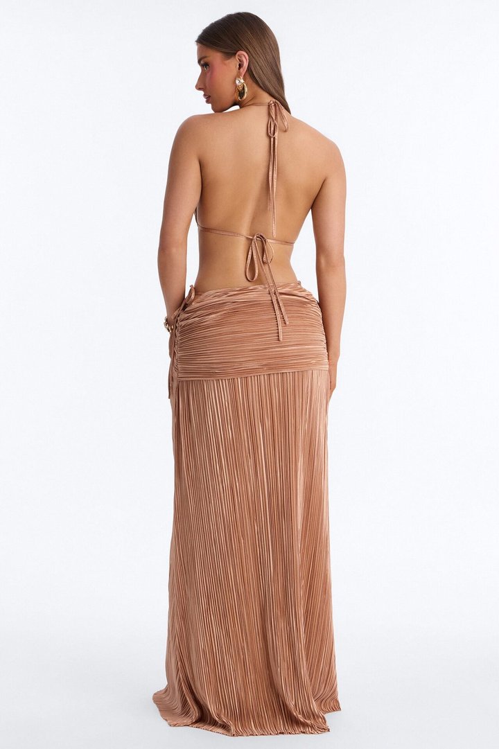 Nissa Plisse Halter Maxi Dress - Gold