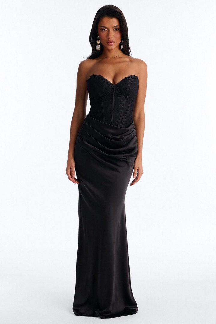 Rich Taste Draped Lace Gown - Black