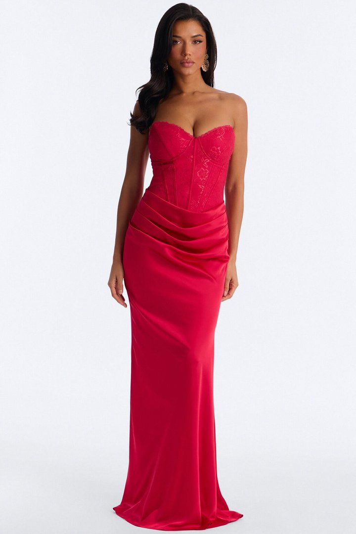 Rich Taste Draped Lace Gown - Red