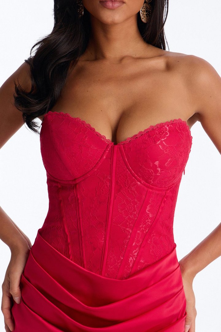 Rich Taste Draped Lace Gown - Red