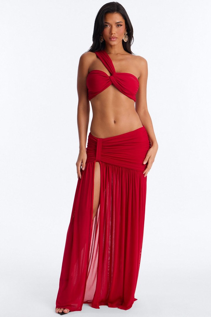 Camille Mesh One Shoulder Maxi Skirt Set - Red