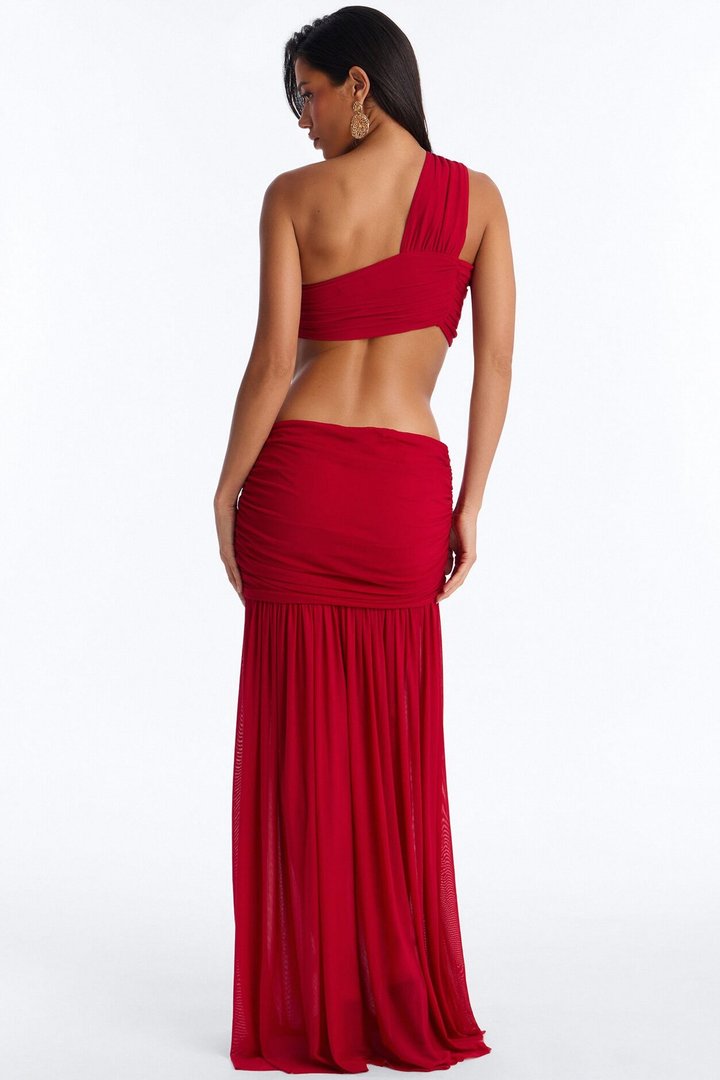 Camille Mesh One Shoulder Maxi Skirt Set - Red