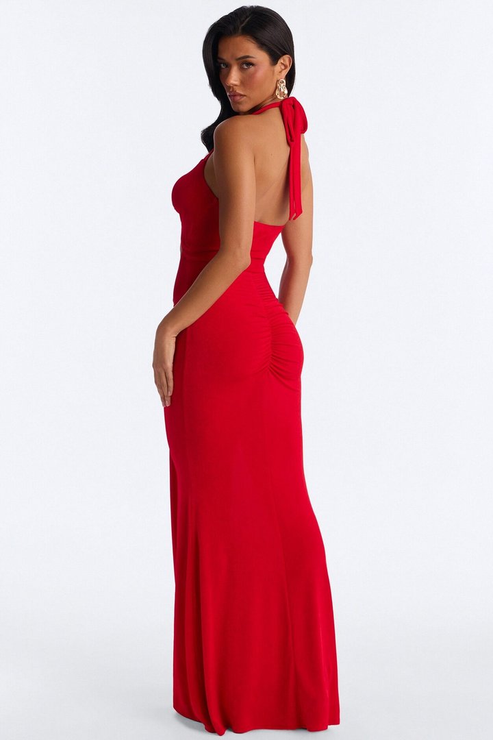 Isla Ruched Draped Maxi Dress - Red