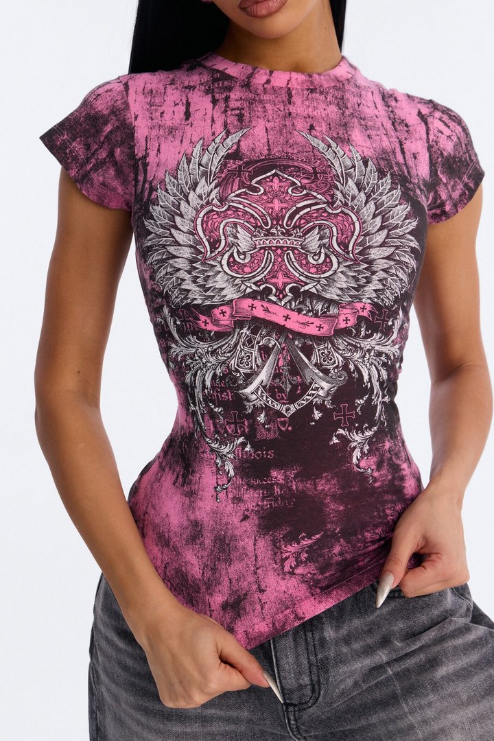Goth Wings Fitted Tee - Pink
