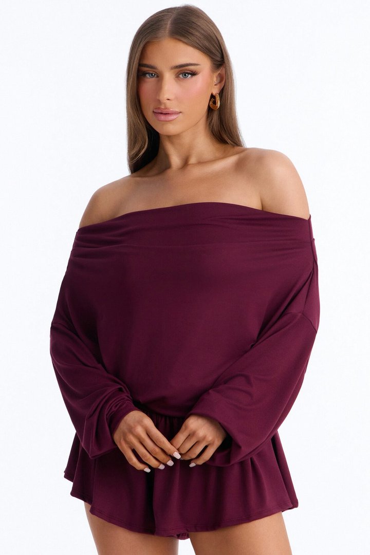 Amelia Off Shoulder Flowy Romper - Plum