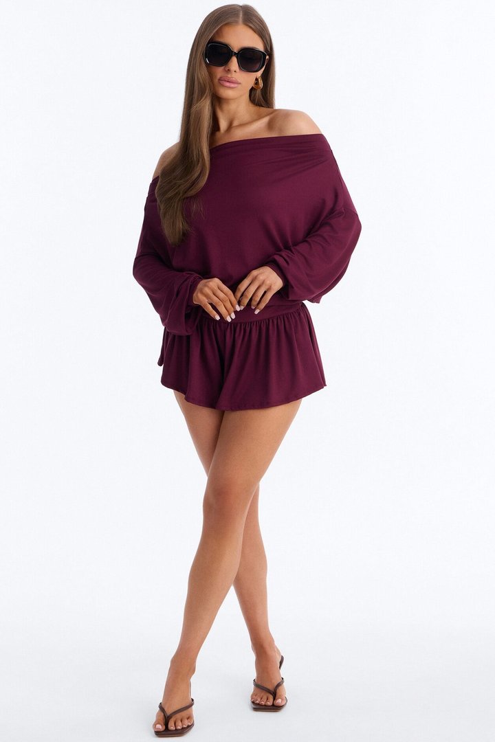 Amelia Off Shoulder Flowy Romper - Plum
