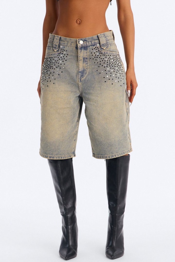 Time To Reflect Embellished Denim Jorts - Vintage Wash