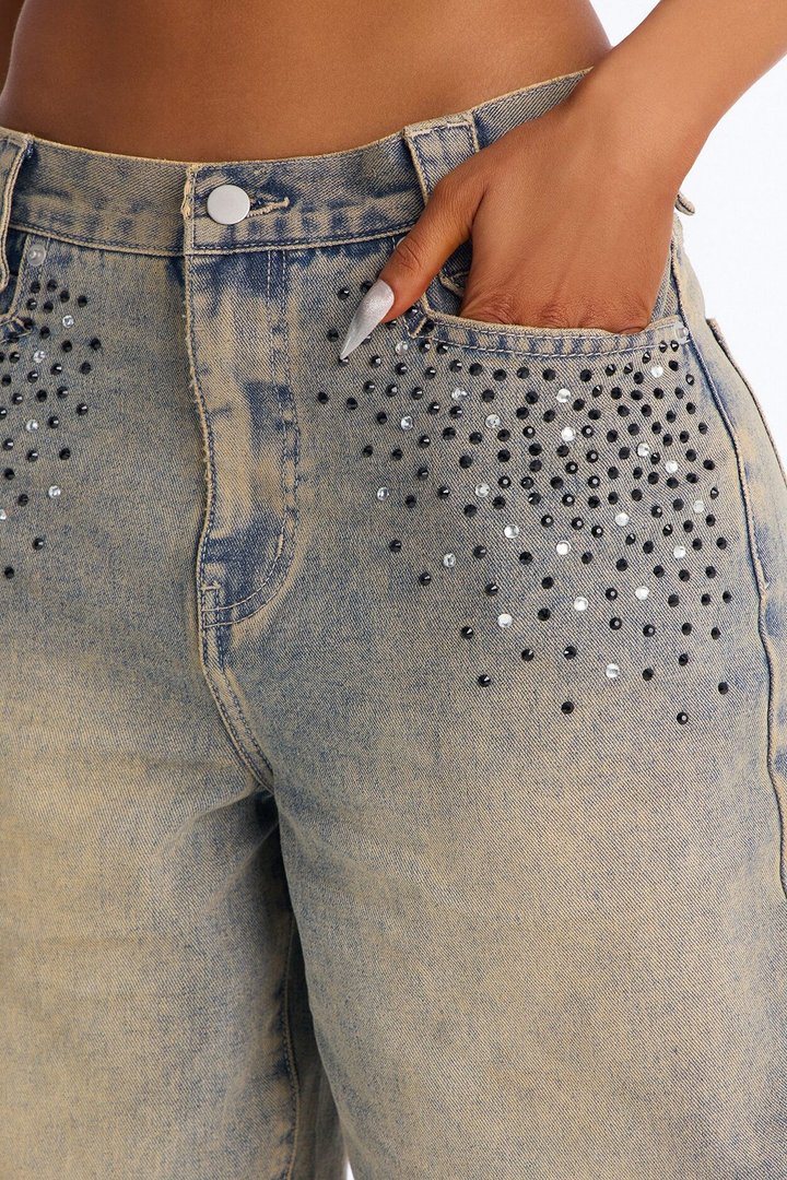 Time To Reflect Embellished Denim Jorts - Vintage Wash