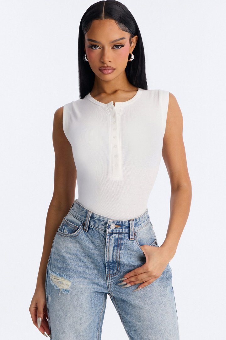 Hailey Ribbed Henley Muscle Tank Top - White