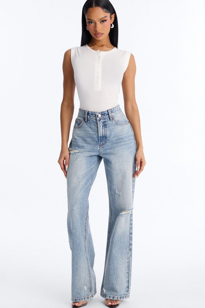Hailey Ribbed Henley Muscle Tank Top - White