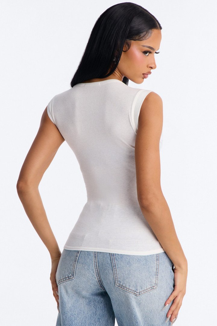 Hailey Ribbed Henley Muscle Tank Top - White