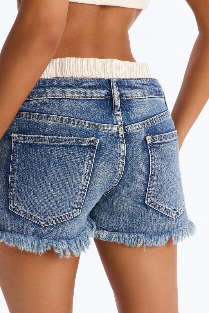 Love Me More Fray Hem Denim Shorts - Medium Wash