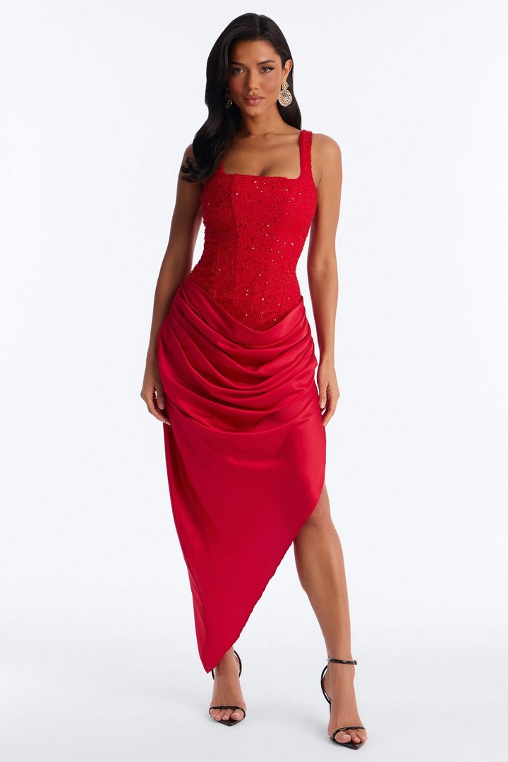 Kylee Embellished Draped Maxi Dress - Red
