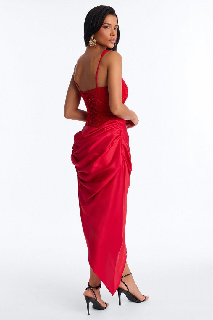 Kylee Embellished Draped Maxi Dress - Red