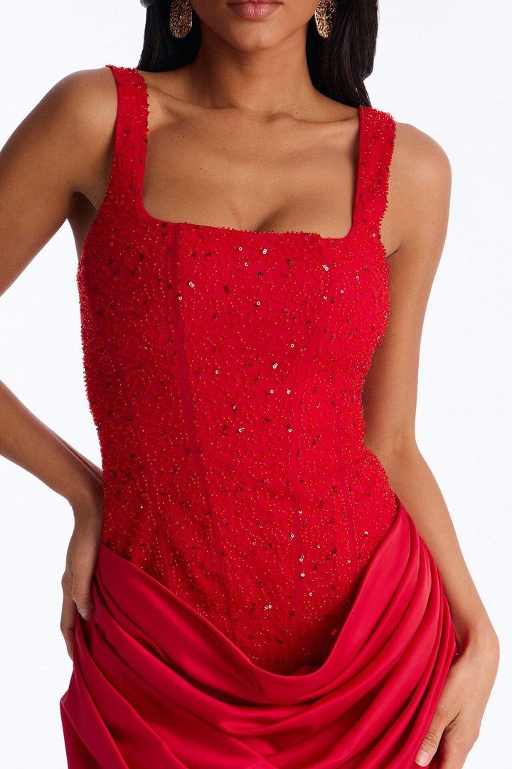 Kylee Embellished Draped Maxi Dress - Red