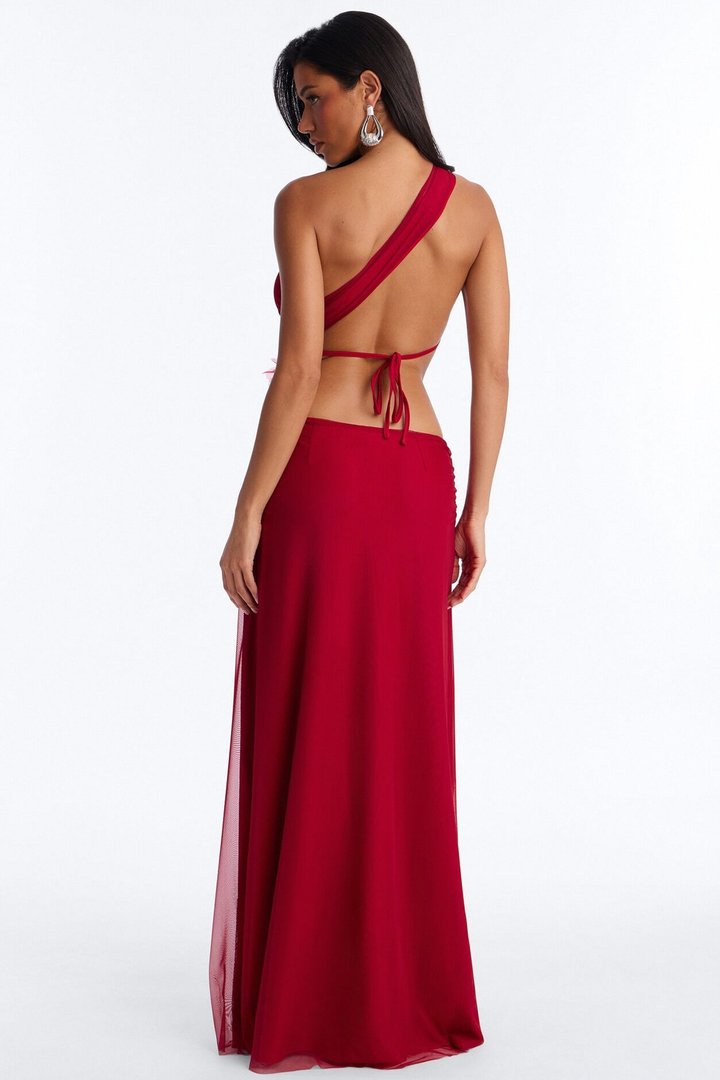 Showstopper Embellished Mesh Maxi Dress - Red