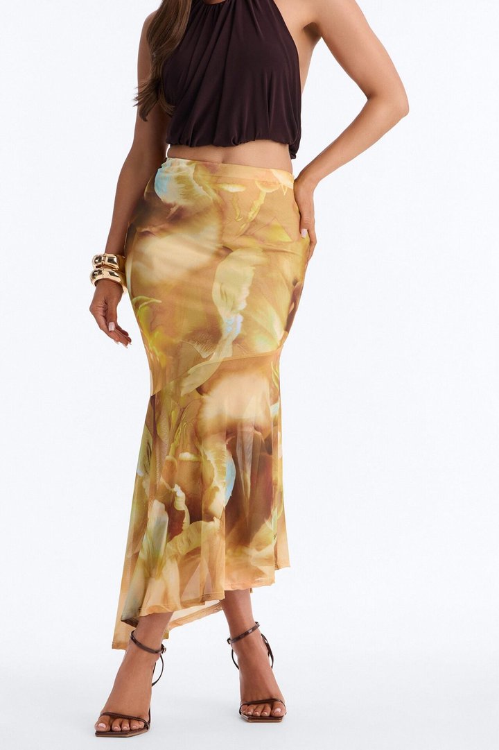 Destiny Asymmetrical Mesh Midi Skirt - Yellow/combo