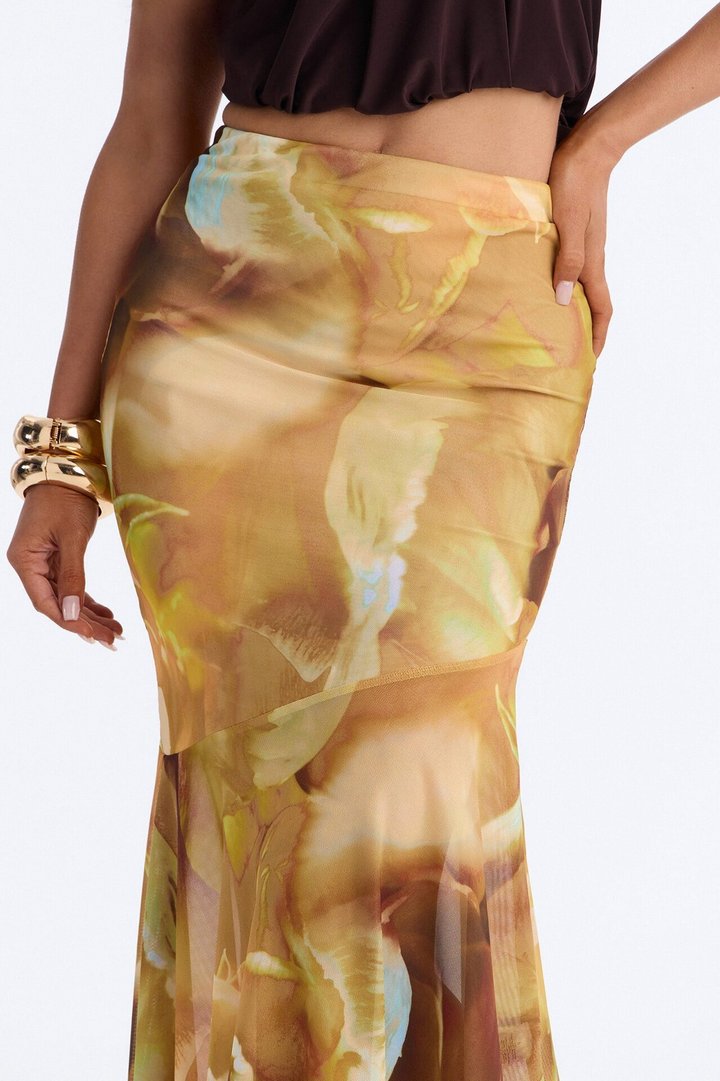 Destiny Asymmetrical Mesh Midi Skirt - Yellow/combo