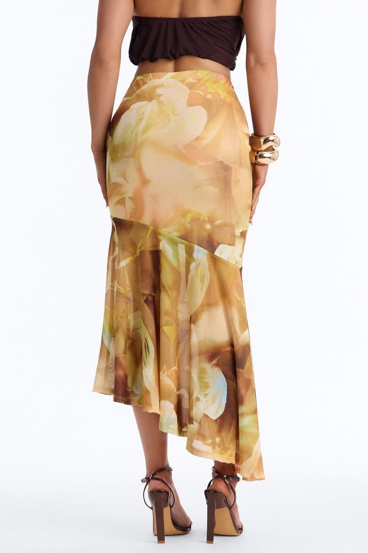 Destiny Asymmetrical Mesh Midi Skirt - Yellow/combo