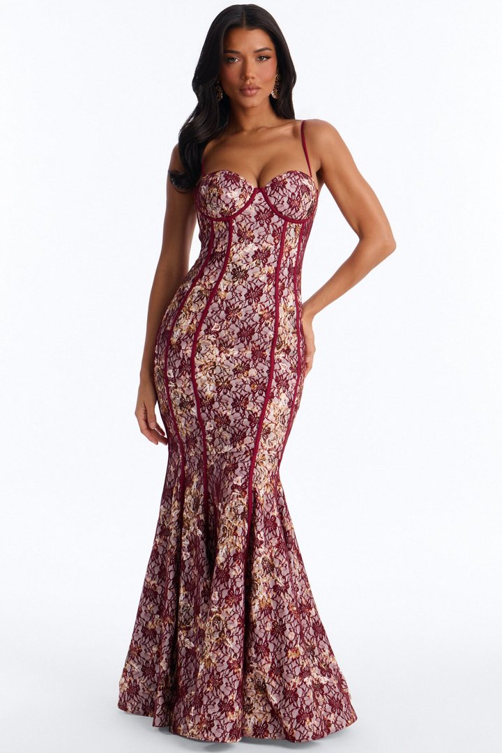 On Your Mind Lace Gown - Burgundy/combo
