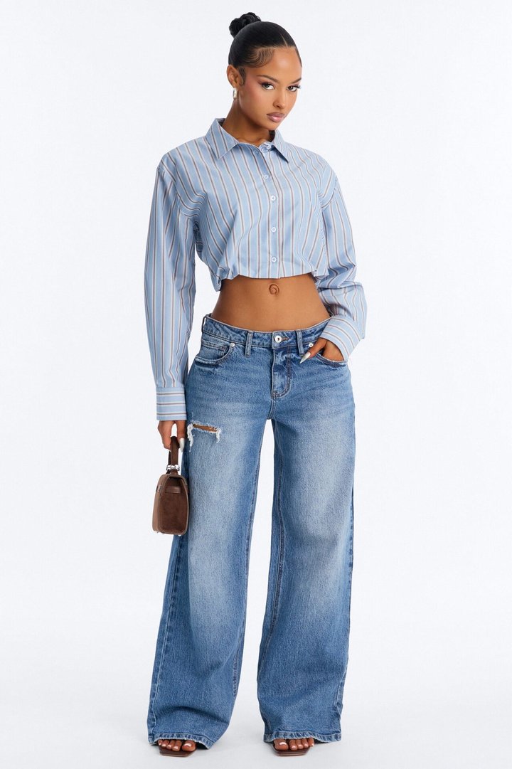 Isabelle Poplin Long Sleeve Cropped Shirt - Blue/combo