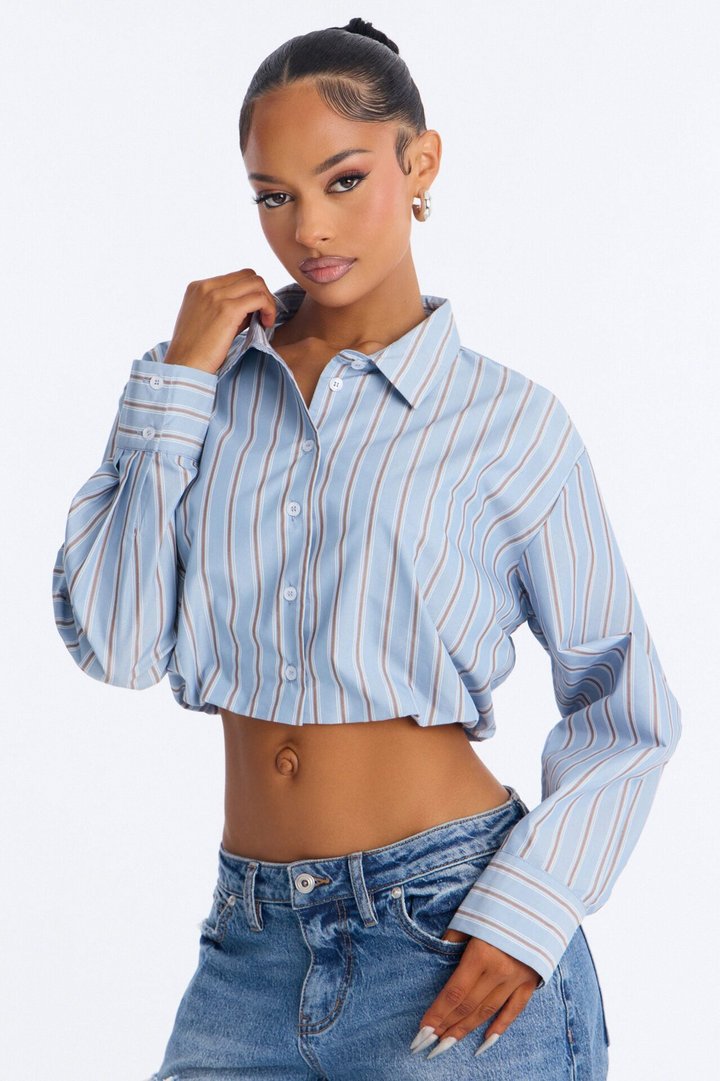 Isabelle Poplin Long Sleeve Cropped Shirt - Blue/combo