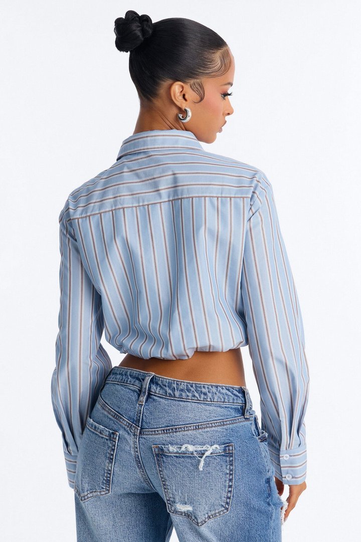 Isabelle Poplin Long Sleeve Cropped Shirt - Blue/combo