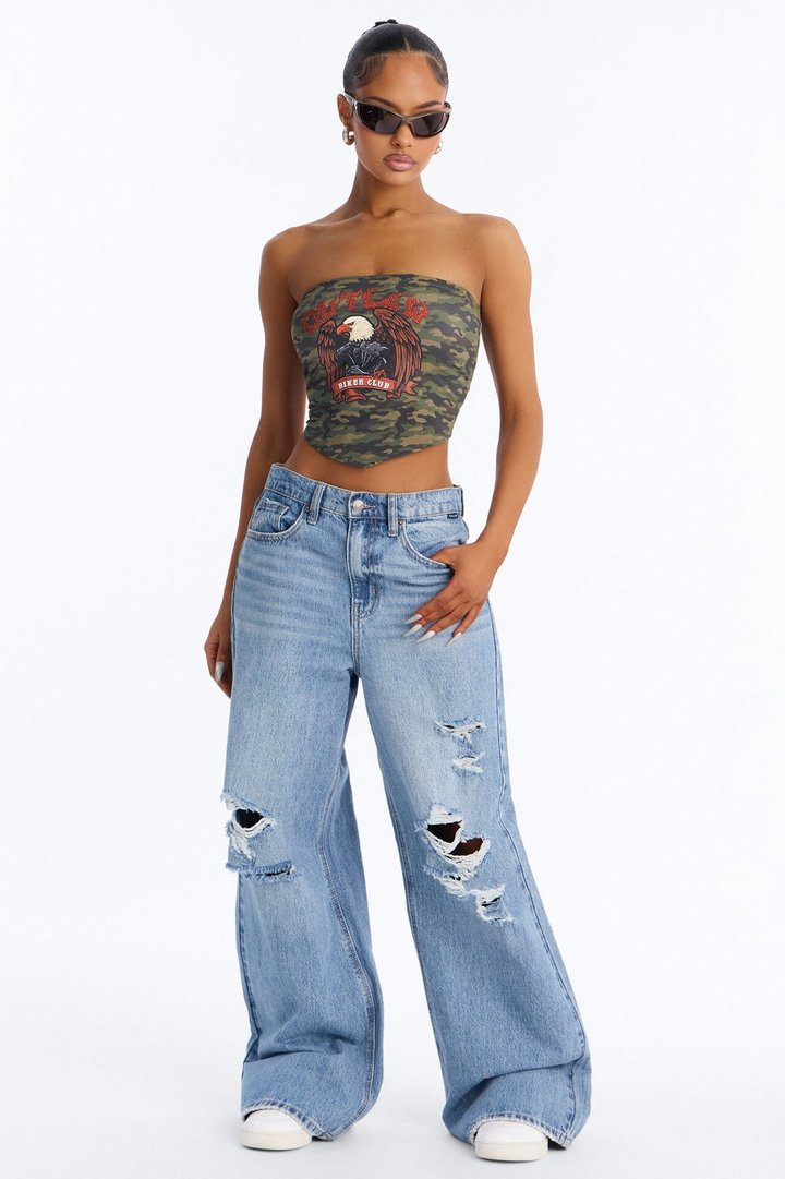 Outlaw Biker Club Rhinestone Camo Tube Top - Camouflage