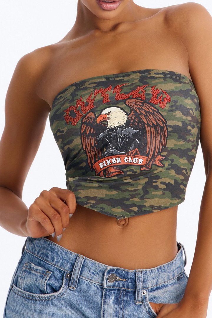 Outlaw Biker Club Rhinestone Camo Tube Top - Camouflage
