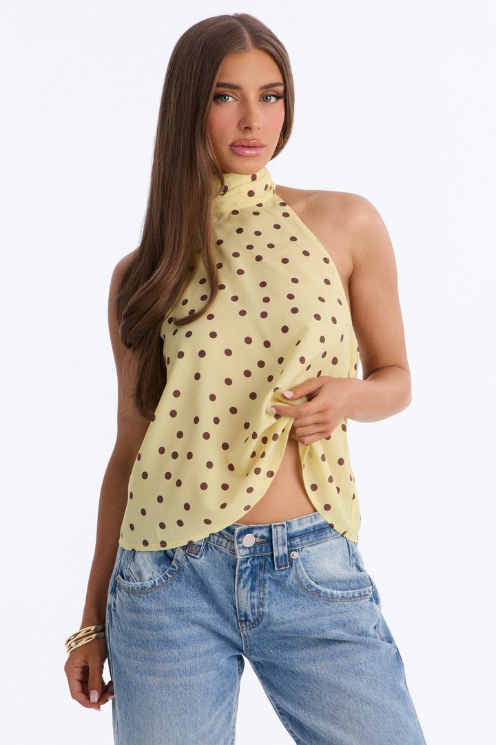 Cute Act Polka Dot Chiffon Halter Top - Yellow/combo