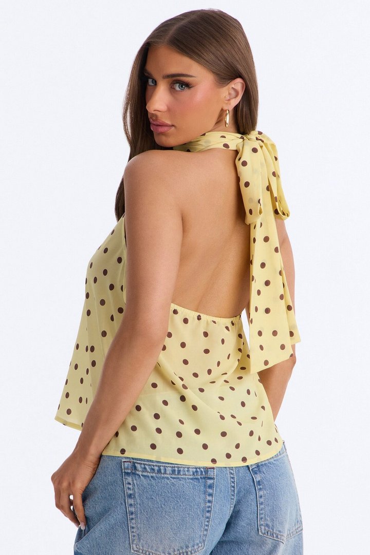 Cute Act Polka Dot Chiffon Halter Top - Yellow/combo