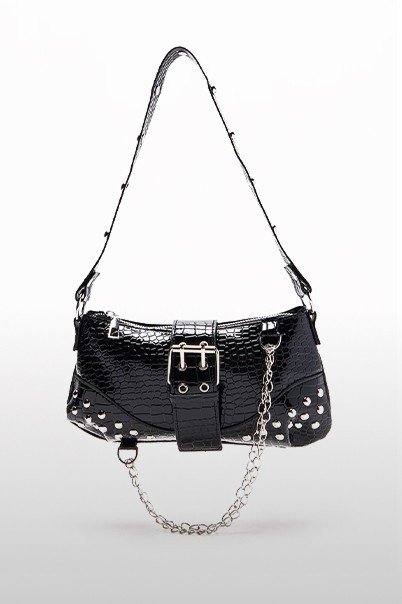 Black croc-embossed shoulder bag
