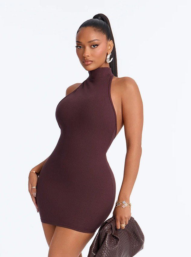 Model in a chocolate ribbed halter set