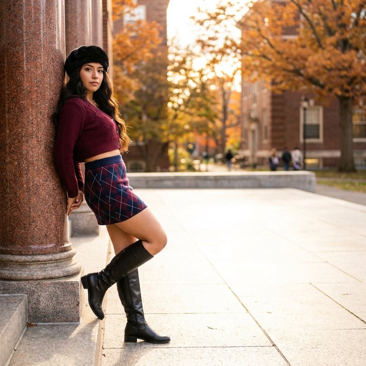 Model in a burgundy cardigan and argyle mini skirt on a fall campus